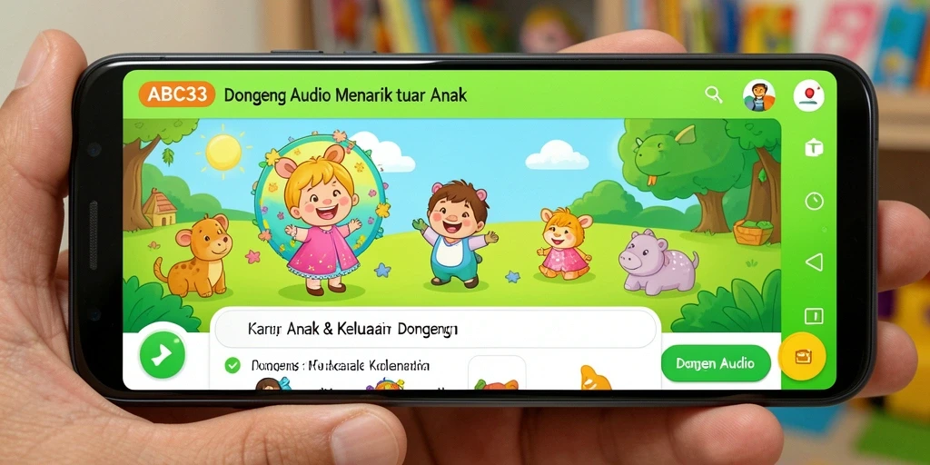 Tampilan antarmuka aplikasi ABC33 dengan berbagai kategori dongeng.