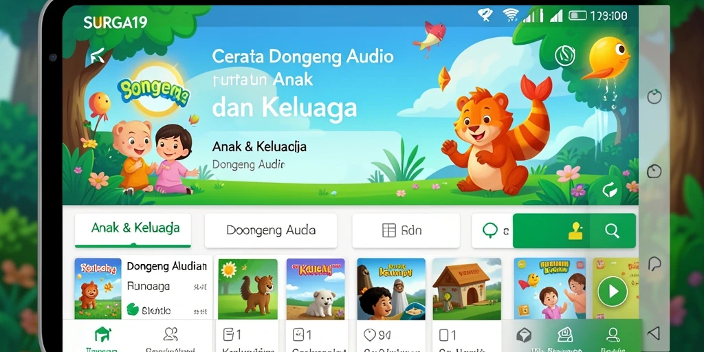 Tampilan antarmuka aplikasi SURGA19 yang ramah anak dan menarik.